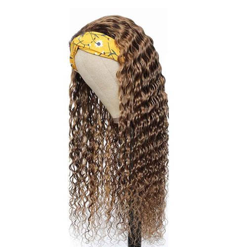 P4/27 Deep Wave Headband Wig Brown And Honey Blonde Human Hair Headband Wig 130% Density Grade 8A Brazilian Remy Hair Machine Made Wigs 18 Inch