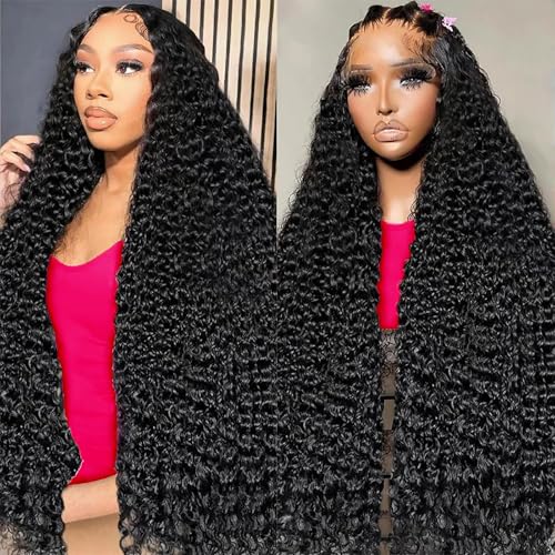 30 Inch Deep Wave Lace Front Wigs Human Hair 200% Density Pre Plucked 13x6 HD Transparent Lace Frontal Wigs Human Hair For Women Deep Curly Glueless human hair wig (Black, 30 Inch)
