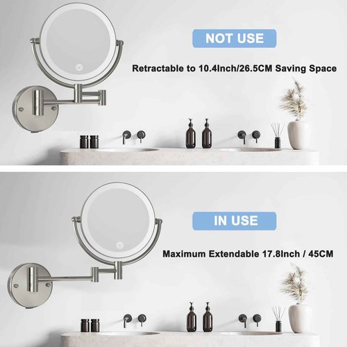 Wall Mounted Lighted Makeup Vanity Mirror with Magnification, 8 Inch Double Sides 10X Magnifying Bathroom Mirror 3 Color Lighting Touch Dimming, Extended Arm Shaving Mirror Hard Wired, Brushed Nickel