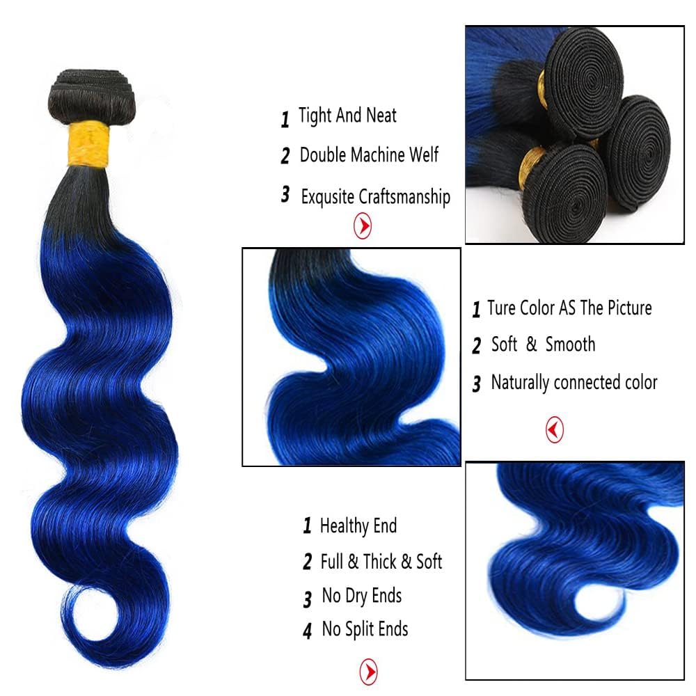 Habiliana Bundles Human Hair 16 18 20 Inch Body Wave T1B Blue Human Hair Bundles 11A Unprocessed Brazilian Virgin Quick Weave Hair Extensions for Black Women