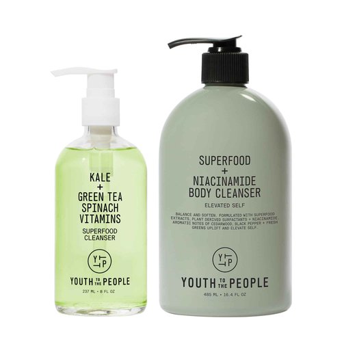 Youth To The People Superfood Cleanser Duo, Vegan Skincare Bundle Set for Face and Body, Kale + Green Tea Facial Cleanser (8 fl oz) + Body Wash (16.4 fl oz)