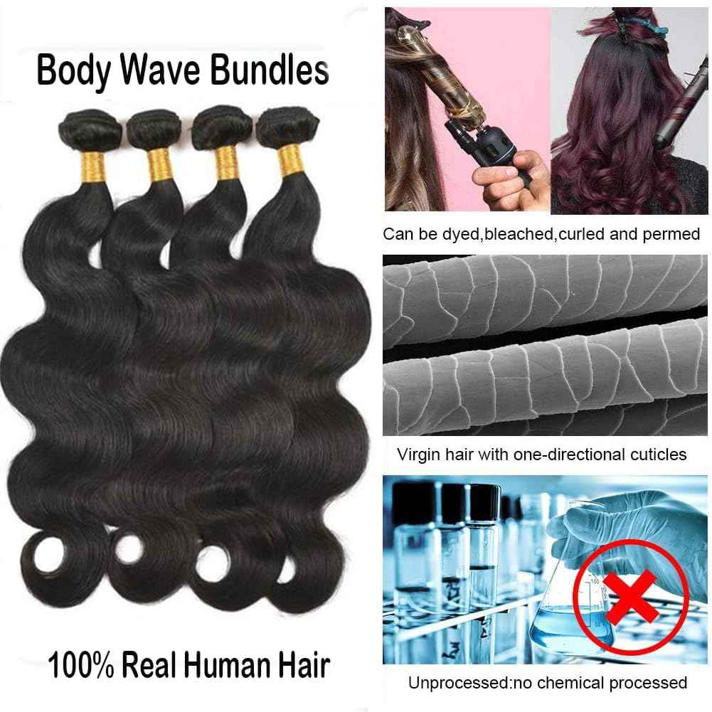 Human Hair Bundles Body Wave 16 18 20 22 Inch 4 Bundles Human Hair Extensions 100% Unprocessed Brazilian Virgin Human Hair double Weft Deals Quick Weave Bundles Hair Natural Black Color