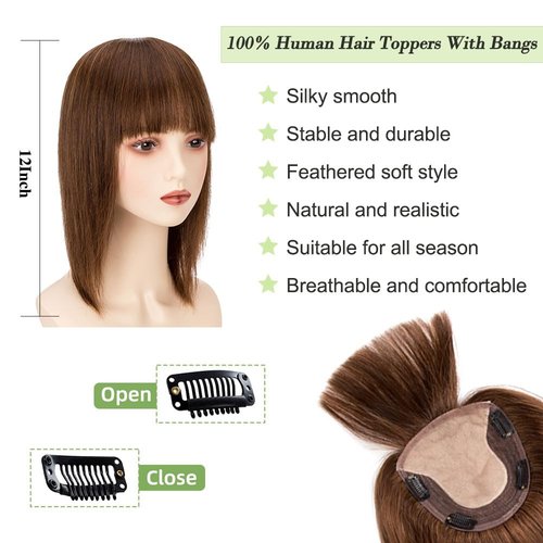 Lovenea 13x15cm Human Hair Topper with Bangs 12 Inch Straight Human Hair Silk Base 130% Density Clip In Toppers Hairpieces for Women With Hair Loss Thinning Hair Medium Brown(4#, 12 Inch)
