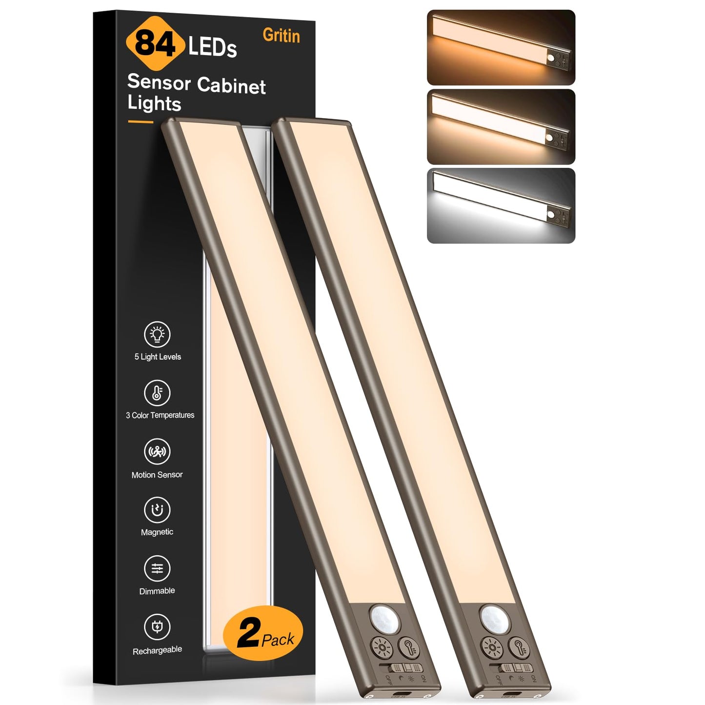 Gritin 10.2inch Under Cabinet Lighting Rechargeable -84 LED Super Bright,3-Color& 5 Level Brightness,4 Modes,Motion Sensor, Long Lasting- Easy Installation Magnetic Closet Lights -2 Pack-Bronze