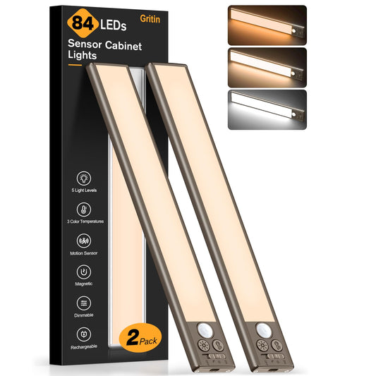 Gritin 10.2inch Under Cabinet Lighting Rechargeable -84 LED Super Bright,3-Color& 5 Level Brightness,4 Modes,Motion Sensor, Long Lasting- Easy Installation Magnetic Closet Lights -2 Pack-Bronze