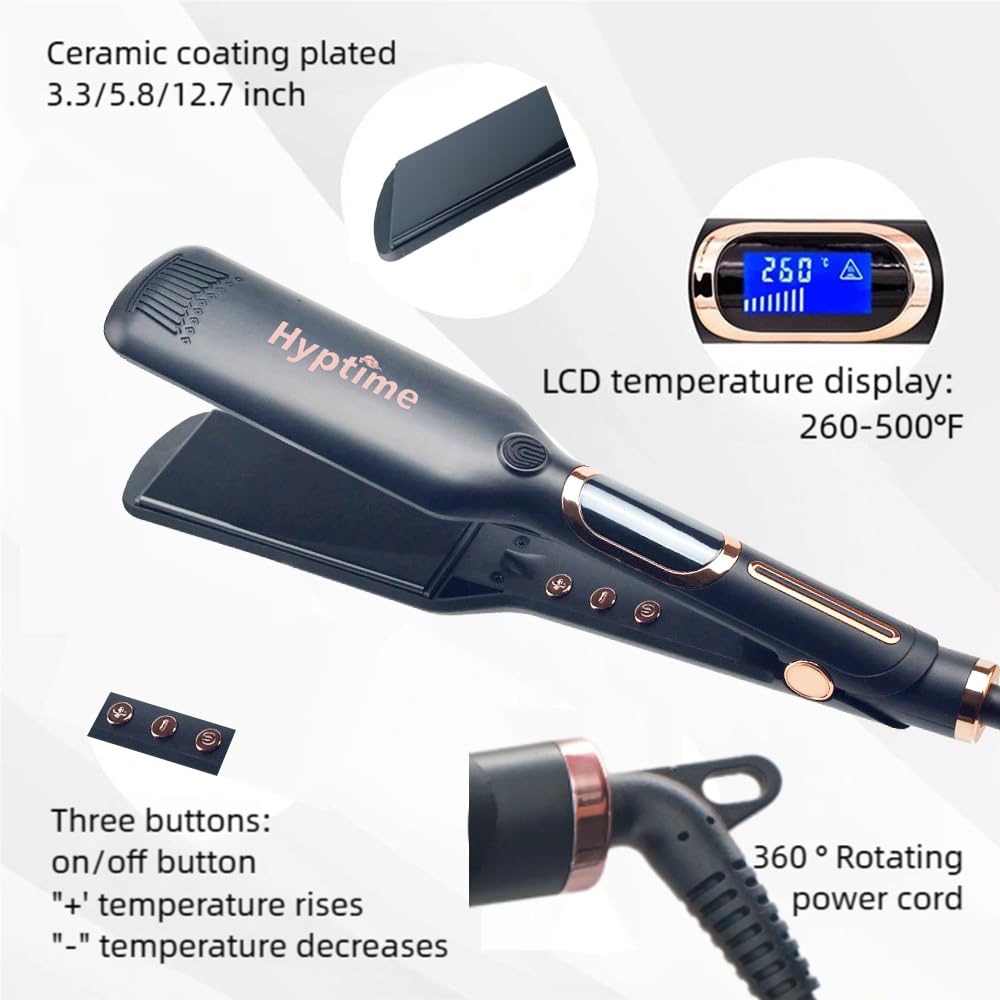 HYPTIME Wide Flat Iron Titanium Straightener Digital Display to Accurately Control Temperature, 2 Inch for Thick & Curly Hairs Professional, Dual Voltage 500°F Fast Heating for Black Hair Friendly