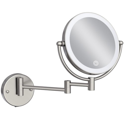 LEDOOLE Rechargeable Wall Mounted Lighted Makeup Vanity Mirror with Magnification, 8 Inch Double-Sided 10X Magnifying Bathroom Mirror, Light up Mirror Foldable, Vibrant Brushed Nickel