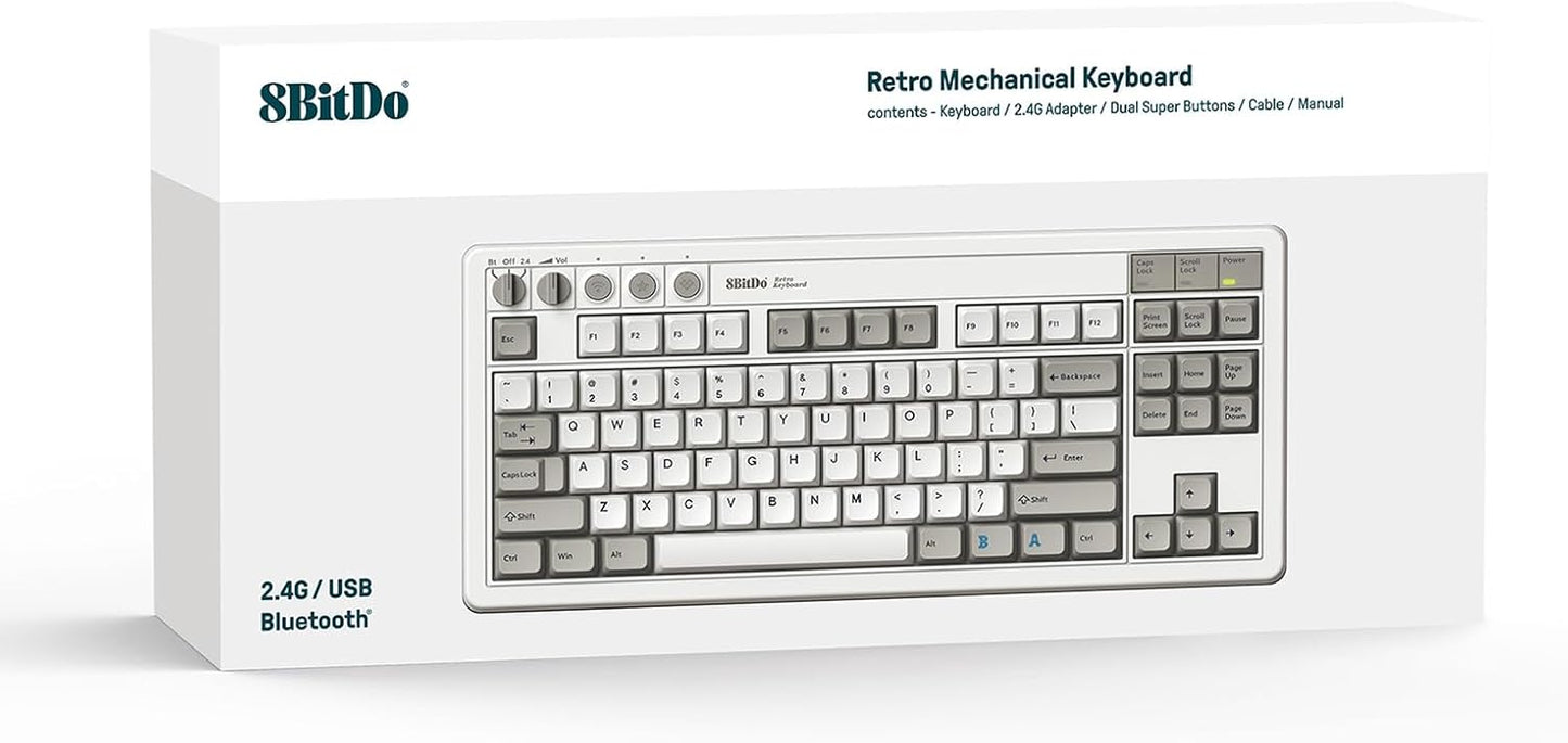 AKNES 8BitDo Retro 108 Mechanical Keyboard, Hot Swappable Gaming Keyboard with 108 Keys&Integrated Numpad, Dual Super Buttons, Bluetooth/2.4G/USB-C Keyboard for Windows & Android - N Edition