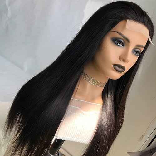 Ainimiu Straight Lace Front Wigs Human Hair Pre Plucked 180% Density Glueless 12A Brazilian Virgin Hair 4x4 Lace Closure Wig For Black Women Natural Black With Baby Hair 16inch