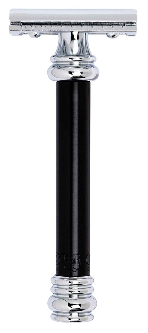 MERKUR 38B Double Edge Safety Razor - Black Handle | Extra Large Barber Pole Grip Brass Handle | Made in Germany | Plastic-Free | Two Piece Design | Closed Comb | Straight Bar
