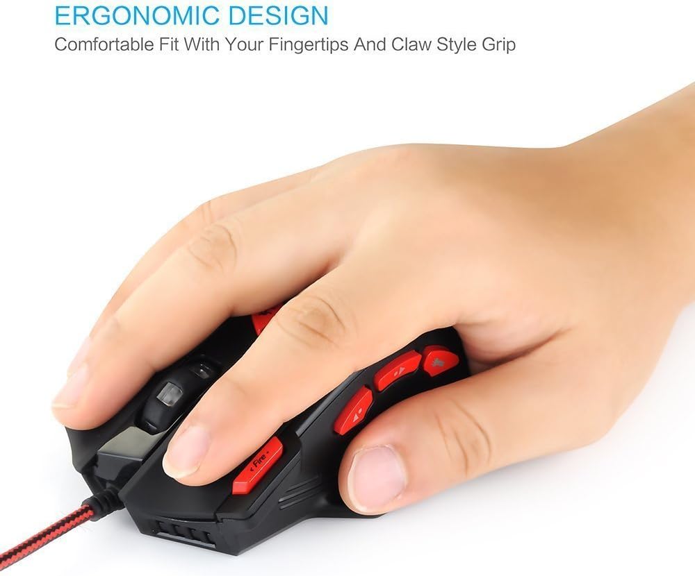 Zelotes T90 Professional 9200 DPI High Precision USB Wired Gaming Mouse,8 Buttons,With 7 kinds modes of LED Colorful Breathing Light, Weight Tuning Set (Black)