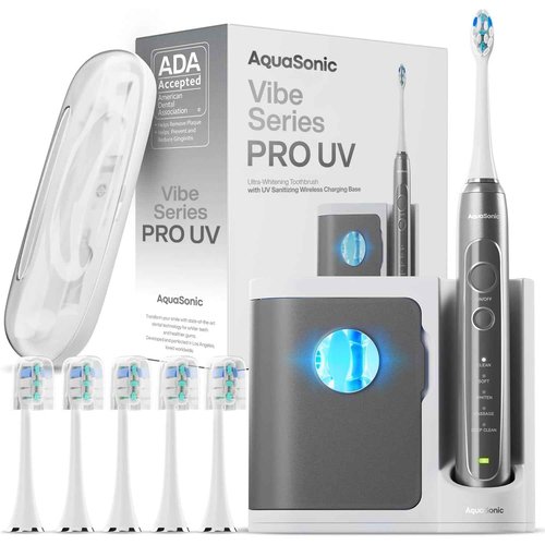 Aquasonic Vibe Series PRO – Ultra-Whitening Electric Toothbrush – 5 Modes & Smart Timers – UV Sanitizing Base – ADA Accepted (Charcoal Metallic)