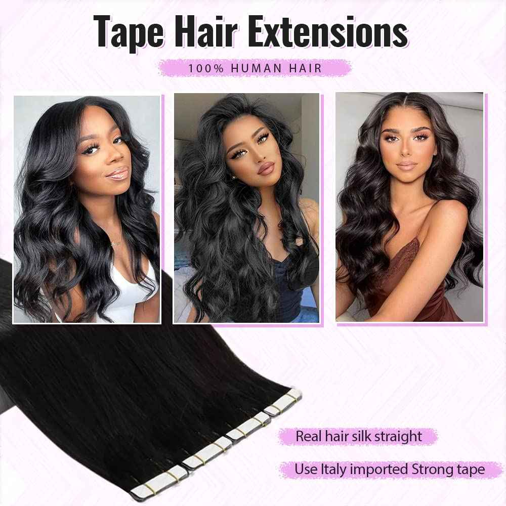 24 Inches Long Body Wave Tape in Hair Extensions 100Gram Human Hair Invisible Tape Ins Natural Black for Black Women Real Hair Tape in Extensions 40Pcs Double Sided Tapes Hair Extension