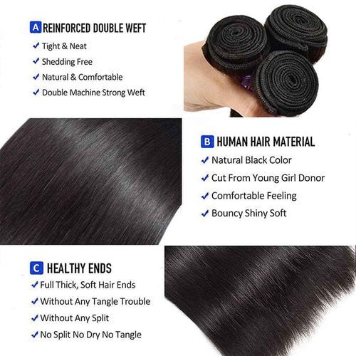 Straight Human Hair Bundles 12 12 14 14 Inch Trippy Hair Quick Weave 3 Bundles Human Hair 100% Unprocessed Raw Brazilian Virgin Hair Extensions for Black Women Natural Color