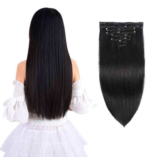 16" Remy Clip in Hair Extensions Human Hair for Black Women Beauty - Long Silky Straight 8pcs 20clips Real Human Hair Clip in Extensions (16 inch 100g #1B Natural Black)