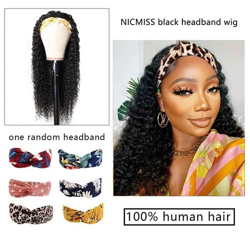 NICMISS Deep Wave Headband Wig Human Hair 24 Inch Curly Headband Wigs for Black Women Human Hair Glueless None Lace Front Wig Brazilian Virgin Hair Wear and Go Wigs 150% Density Natural Black Color