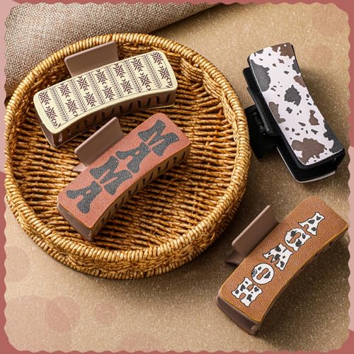 8 Pcs Western Hair Claw Clips Gifts Leather Highland Cow Print Large Hair Claw Clips Western Accessories Christmas Supplies for Women Long Short Hairstyle Gifts(Highland)