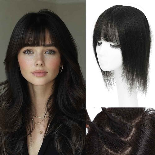 HVVZOY Hair Toppers for Women Real Human Hair,360°3D Big Basement Cover Topper for Women with Thinning Crown with Wispy Clip in Bangs Realistic Scalp (1B, 3D Wispy Bangs 14INCH)