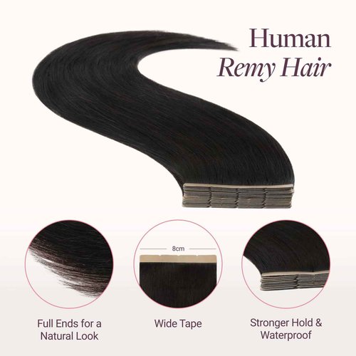 GOO GOO Tape in Hair Extensions Human Hair, 1B Natural Black, 8cm Wide Tape, 18inch 20pcs 100g, Tape Weft Hair Extensions, Real Human Hair, Seamless Tape in