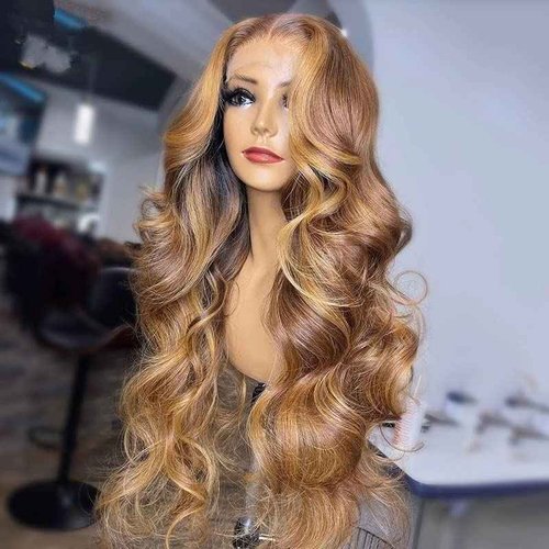 Aorbige Body Wave Style Highlight Ombre Lace Frontal Wig Human Hair Wigs #4/27 Brown with Honey Blonde Color for Black Women Pre Plucked Hairline 180% Density (24inch, 13x6 Lace Front Wig)