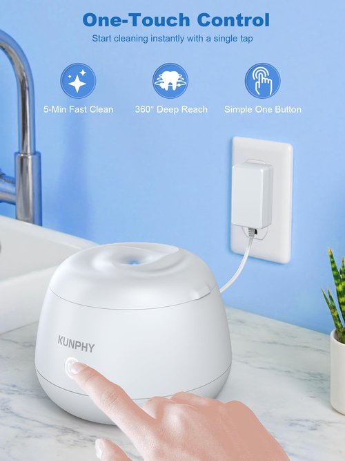 KUNPHY Dental Cleaner | Ultrasonic Retainer Cleaner Machine | 48kHz Dental Cleaning Pod | Aligner, Nightguard, Mouth Guard, Denture | Oral Dental Care | UV Cleaner with Retainer Tablets | White