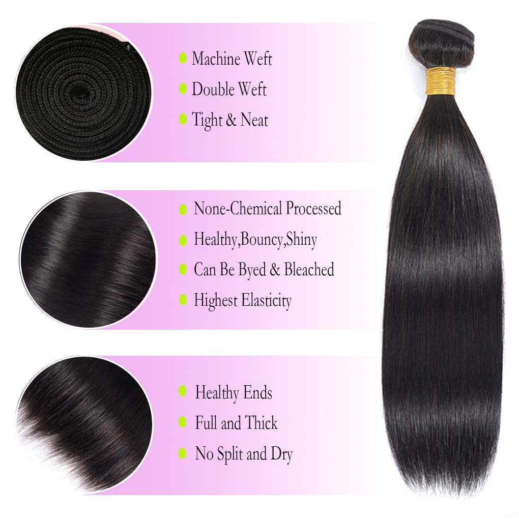 12A Brazilian Straight Bundles Human Hair 18 20 22 Inch, 100% Unprocessed Virgin Human Hair Bundles Straight, Sew In Hair Extensions Quick Weave 3 Glossy Hair Bundles, 300g/Pack Natural Black Color