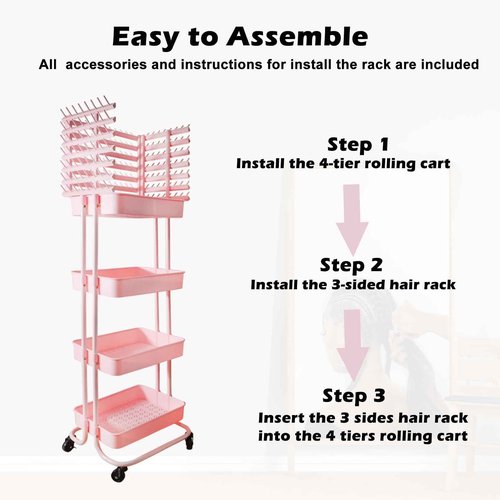 ICCTUO Braiding Hair Rack with 196 Pegs, Hair Extension Holder with 4 Tiers Storage Cart, Elegent Pink Braiding Rack Stand for Hair Braider, Sturdy Hair Rack for Salon, Home, Beauty School