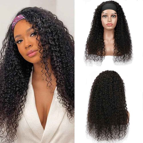 Headband Wig Human Hair Kinky Curly 26 inch None Lace Front Wig Human Hair Machine Made Wigs Glueless Curly Hair Headband Half Wigs for Black Women Human Hair Natural Color
