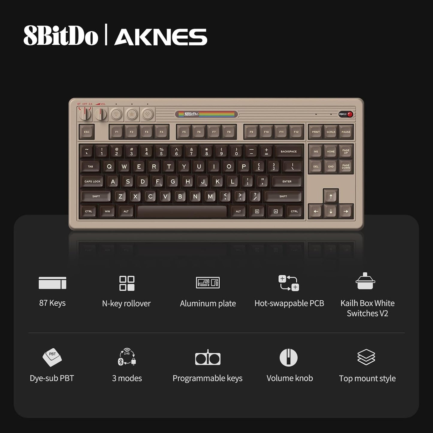 AKNES 8BitDo Retro 108 Mechanical Keyboard, Hot Swappable Gaming Keyboard with 108 Keys, Integrated Numpad, Dual Super Buttons, Bluetooth/2.4G/USB-C for Windows & Android - Fami Edition