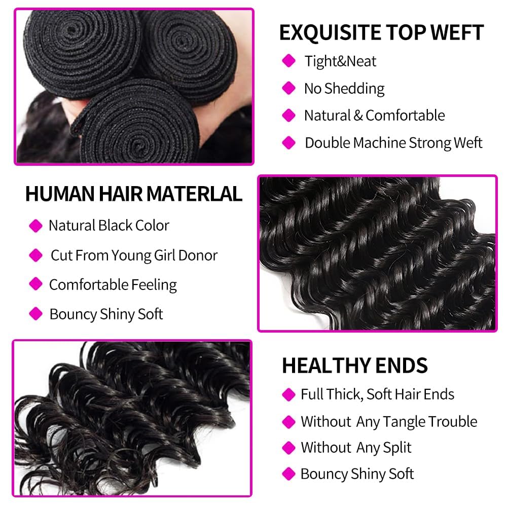 12A Deep Wave Bundles Human Hair 20 22 24 Inch 100% Unprocessed Brazilian Virgin Deep Curly Human Hair 3 Bundles Wet and Wavy Double Weft Deep Wavy Hair Extensions Real Human Hair Natural Black