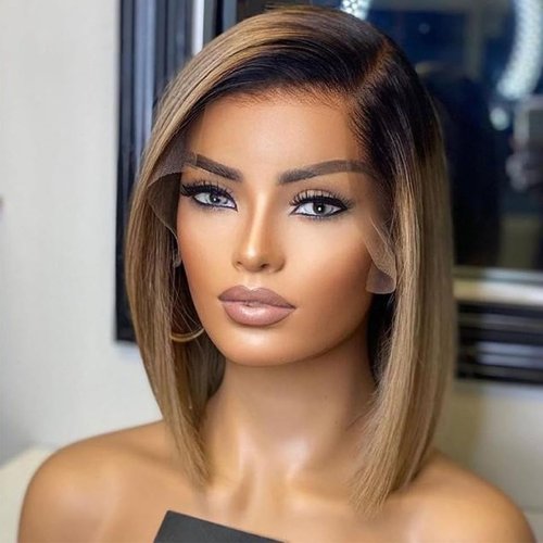 QTIKER Transparent Lace13x4 Lace Front Wig Pre-Plucked Hairline Bob Human Hair Wig (13X4 2T BOB, 14inch)