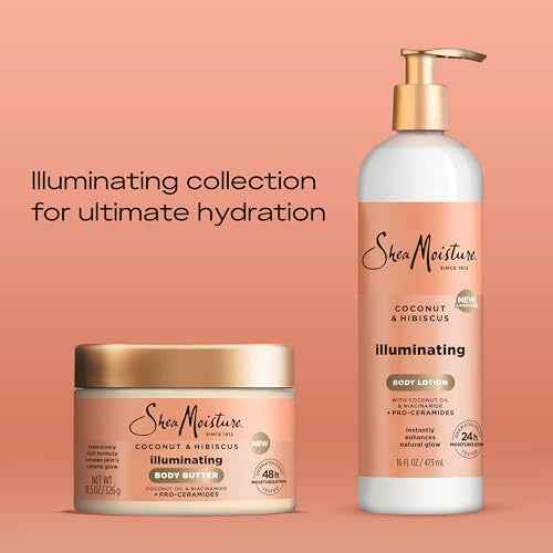 SheaMoisture Illuminating Body Lotion with Coconut Oil, Hibiscus, Niacinamide and Pro-Ceramides, Instantly Enhancing Skin's Natural Glow, 24H Moisturizing 16 oz