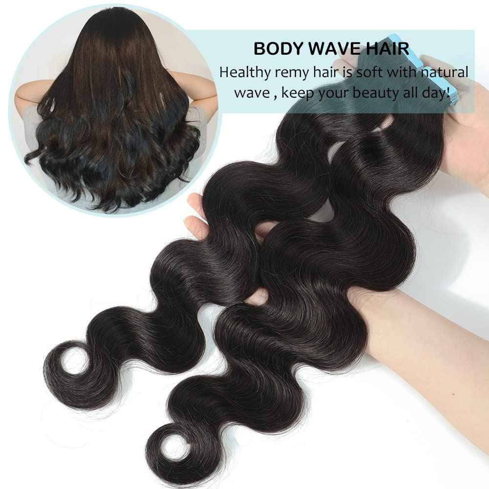 HUA 22 Inch Tape ins for Black Women Human Hair 40PCS Body Wave Tape in Hair Extensions Human Hair Black Women Reusable Tape ins PU Skin Weft Extensions 100% Human Hair