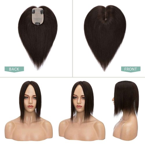 Hairro Human Hair Toppers for Women, Clip in Real Hairpieces, 130% Density 3"x5" Silk Base with Free Parting, for Covering Greyish Thinning Hair Loss/Adding Volume, 6 Inch Dark Brown