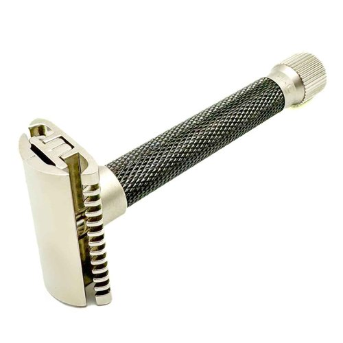 Parker THE VARIANT OPEN COMB - ADJUSTABLE Double Edge Safety Razor, Customize your Shave with a Turn of the Dial from Mild to Aggressive - 5 Blades Included (Graphite Gray)