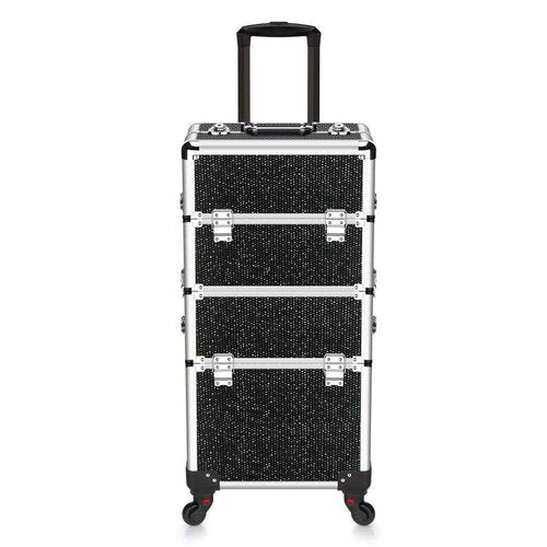 OUDMAY Makeup Case - 2 In 1 Aluminum Professional Rolling Cosmetics Storage Organizer With Locks and Folding Trays Black Diamond