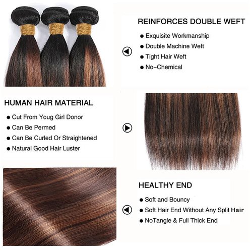 Fridnae Hair P1B30 Ombre Straight Human Hair Bundles 1B30 Brown 3 Bundles 24 26 28 Inch Two Tone Black Mixed Brown Highlight
