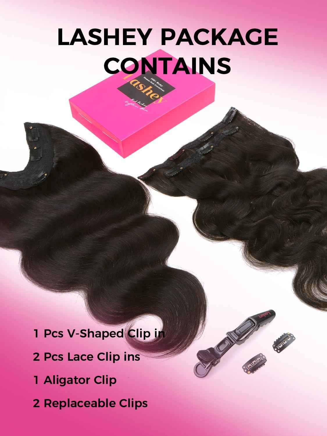 Lashey V Shape Invisible Clip in & Lace Clip in Hair Extensions Human Hair, 18 Inch 120g Set (1 V-Shaped + 2pcs Lace Clip ins), Natural Black Body Wave No Leave Out Hair Extension for Women