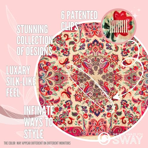 SWAY Large Satin Headbands for Women - 6-Clip Non-Slip, Wear 20+ Ways as Trendy Wide Headband, Boho, Head Covering, Perfect Hanukkah or Christmas Gift for Her? 35in. Patented & Handmade in USA