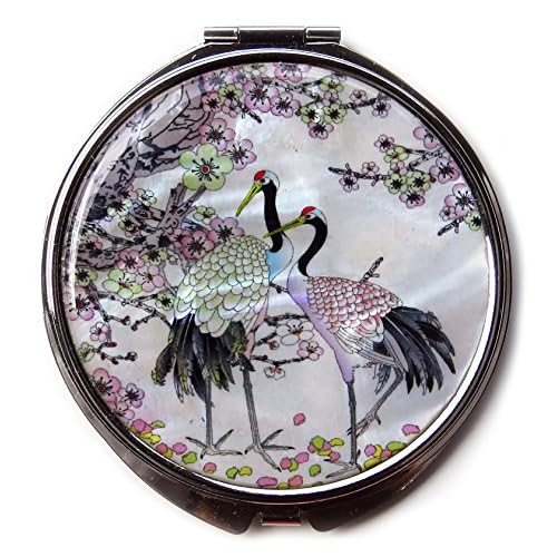 MADDesign Mother of Pearl Compact Mirror Round Double Sided Folding Magnify Crane Apricot Tree Design