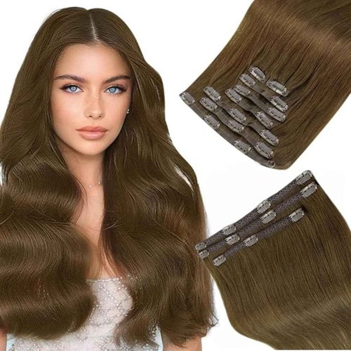 Full Shine Seamless clip ins & Lace Clip ins Remy Hair Total Medium Brown 16 Inch