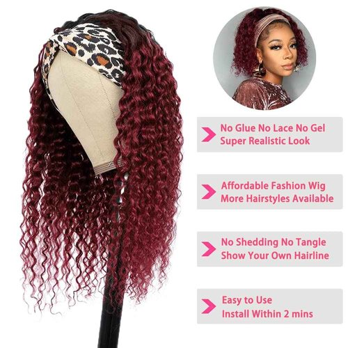 YiweYowe 26 Inch 1B99J Burgundy Headband Wig Human Hair 150% Density Grade 8A Unprocessed Brazilian Virgin Hairs Machine Made Ombre Red Deep Wave Headband Wig Human Hair None Lace Front Wig