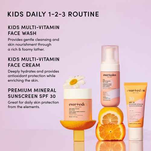 Evereden Daily Routine Set & Non-Toxic Lip Gloss: Clean & Vegan Skin Care for Kids - Nourishing Tween Skincare with Multi-Vitamin Face Wash, Face Cream, SPF 30 Sunscreen & Tinted Lip Gloss