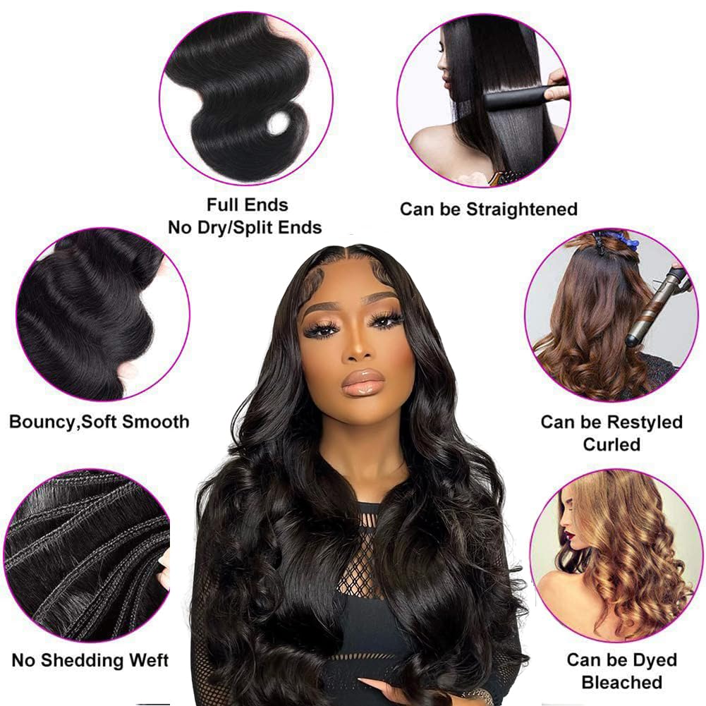 Hoyrhra 14A Human Hair Bundles 14 16 18 20 inch 4 Bundles Human Hair 100% Unprocessed Brazilian Virgin Hair Bundles Deals Quick Weaves Hair Extensions