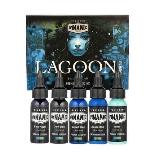 Dynamic Color Co- Tattoo Ink Set: Lagoon - Dive into Brilliance with 5 Vibrant Blue Shades (1 oz Each) from The Platinum Collection. Reach Compliant, Crafted in Spain. Since 1990