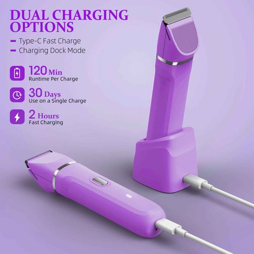 HOHOLE 5-in-1 Bikini Trimmer for Women, IPX7 Waterproof Electric Razors Shaver, Cordless Body Hair Trimmer, Facial & Pubic Hair Removal, Ceramic Blade (Eggplant)