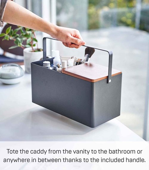 Yamazaki Home Tower Large Makeup Organizer Cosmetic Caddy with Handle Vanity Storage Drawer with Lid - Steel + Wood -, Black