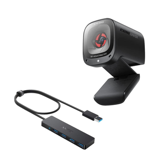Anker PowerConf C200 2K Webcam for PC/Laptop/Mac, Computer Camera 4-Port USB 3.0 Hub, Ultra-Slim Data USB Hub with 2 ft Extended Cable