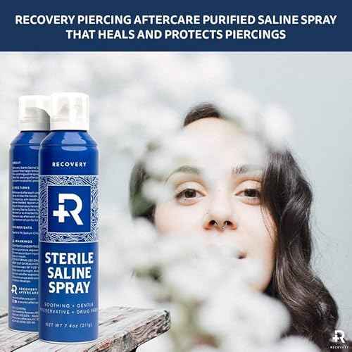Recovery Aftercare Saline Piercing Aftercare Spray - Sterile Saline Solution for Ear, Belly & Nose Piercings - Removes Dirt & Debris - Soothing & Gentle Cleaner - Vegan & Preservative-Free (7.4 oz)