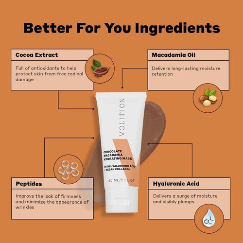 Volition Beauty Chocolate Macadamia Hydrating Mask with Hyaluronic Acid + Vegan Collagen | Nourishing & Replenishing Face Treatment | Luxury Firming Facial for Skin Barrier Repair